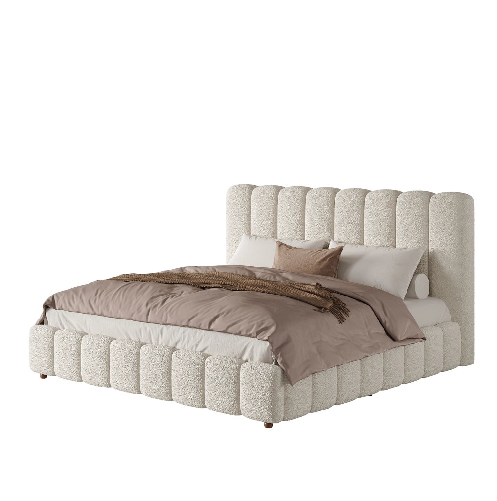 Letto matrimoniale imbottito 160x200 cm con contenitore idraulico; rivestimento Bouclé bianco