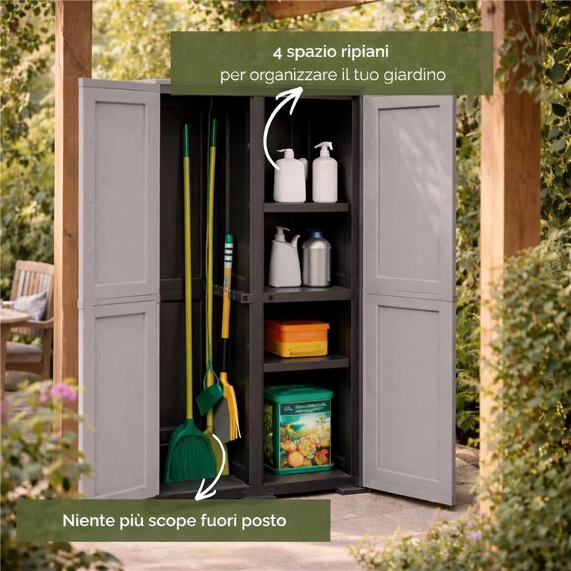 ARMADIO 2 ANTE 79X43X164 CM CON 4 VANI INTERNI E VANO PORTASCOPA – MOBILE ORGANIZZAZIONE CASA CON POMELLI NERO/GRIGIO