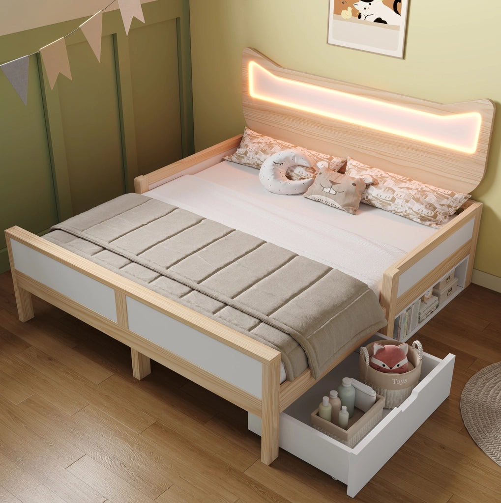 Letto per bambini 140 x 200 cm con testiera a gatto e LED RGB