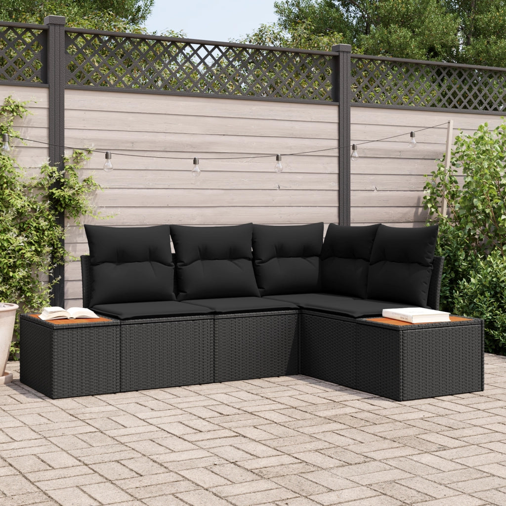 Set di Divani da Giardino a 4 Pezzi con Cuscini Nero Polyrattan Acacia