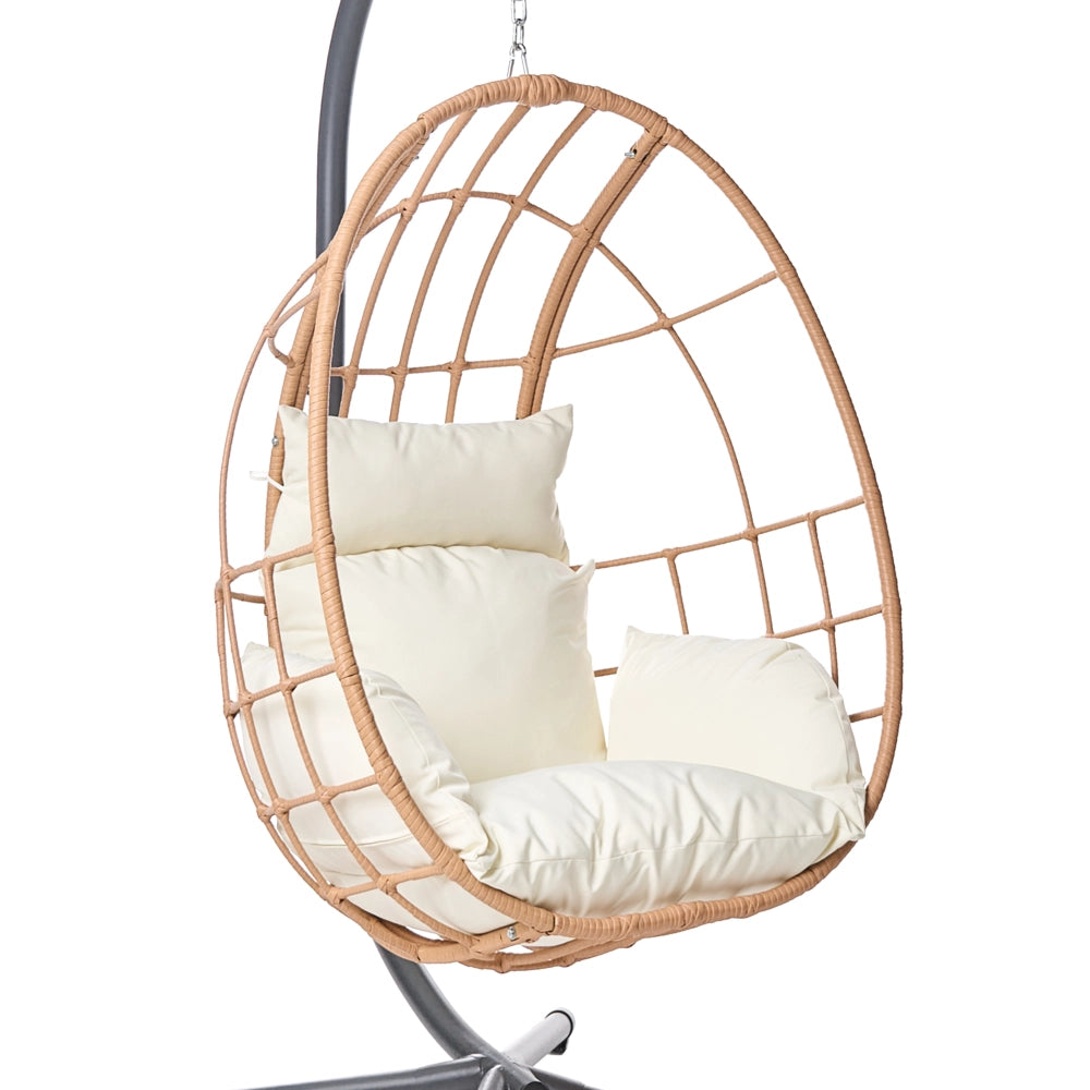 Poltrona a dondolo a uovo in rattan PE naturale con struttura in metallo e morbido cuscino di seduta Stile boho-rustico