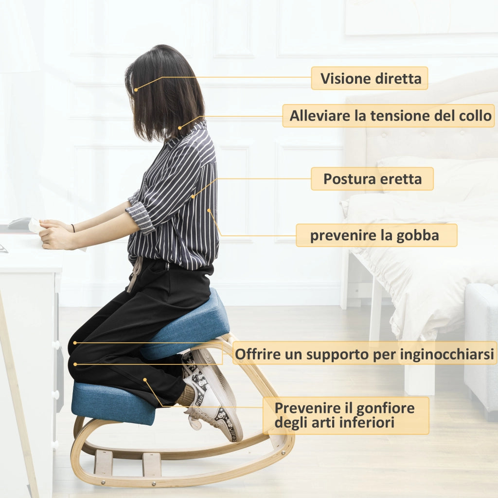 Sedia Ergonomica con Inginocchiatoio ¨C Xylo ¨C Legno Betulla, Cuscino Blu, 51x69x58cm