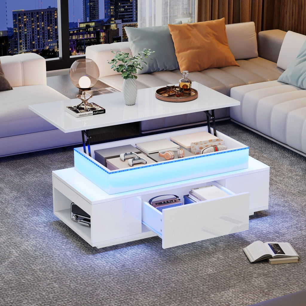 Tavolino Da Salotto Reclinabile con 1 Cassetto e Vano Nascosto; LED USB; Bianco Lucido; Stile Moderno; 96×45×40 cm; Bianco