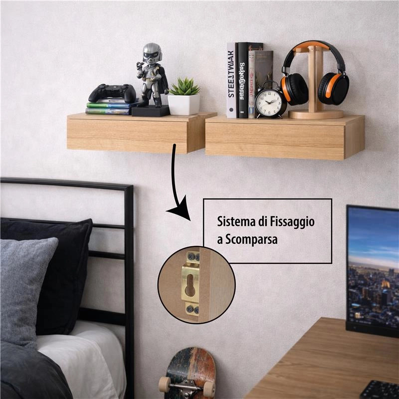 MENSOLA CON CASSETTO COLORE ROVERE SBIANCATO DA PARETE SISTEMA REGGIMENSOLA A SCOMPARSA 40 X 24 X 10 CM