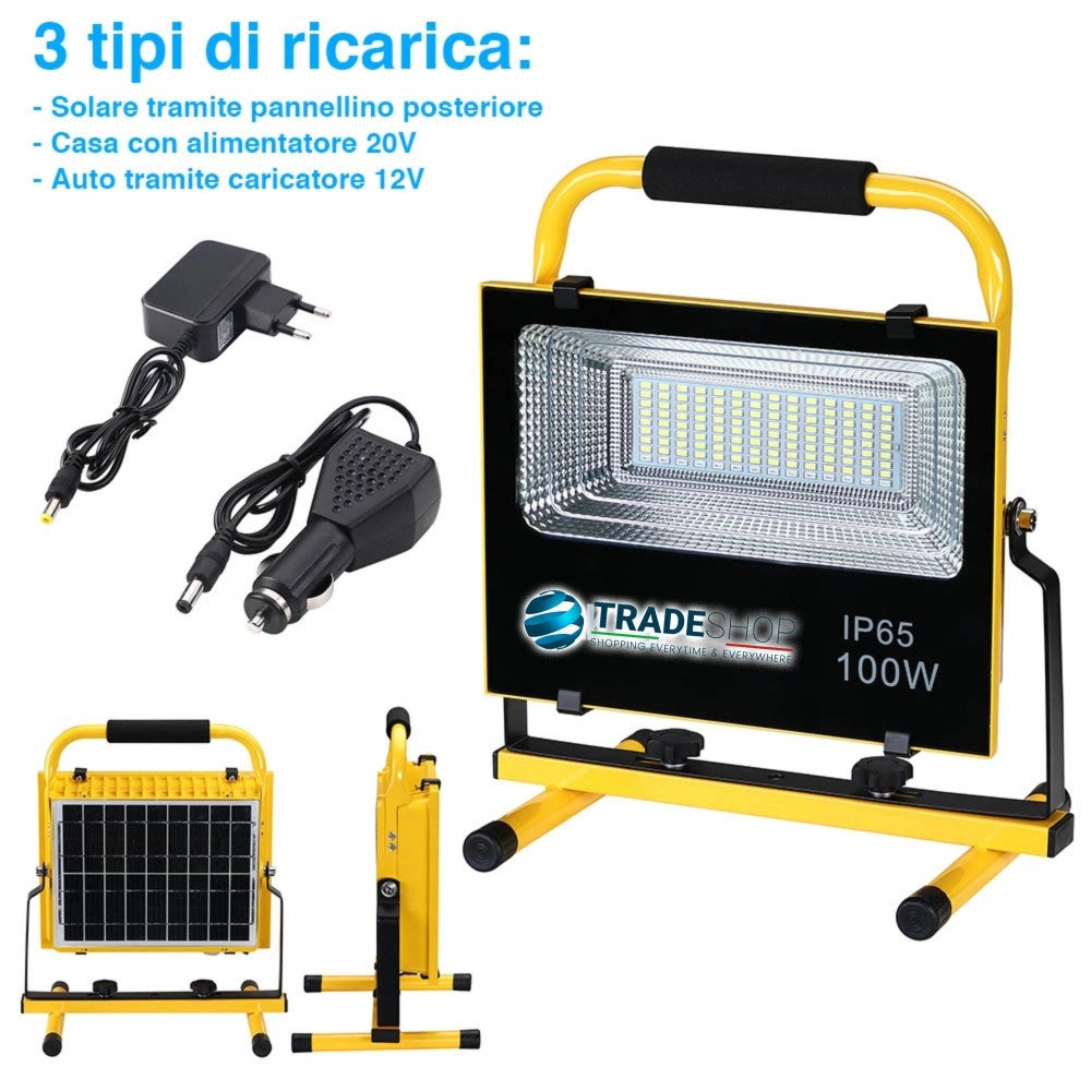 Trade Shop - Lampada Faro Lavoro Portatile Con Pannello Solare 100w 1000lm Luce Emergenza Sos -