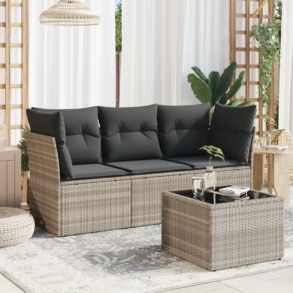 Set Divano da Giardino 4pz | Set Salotto da Giardino con Cuscini Grigio Chiaro Polyrattan