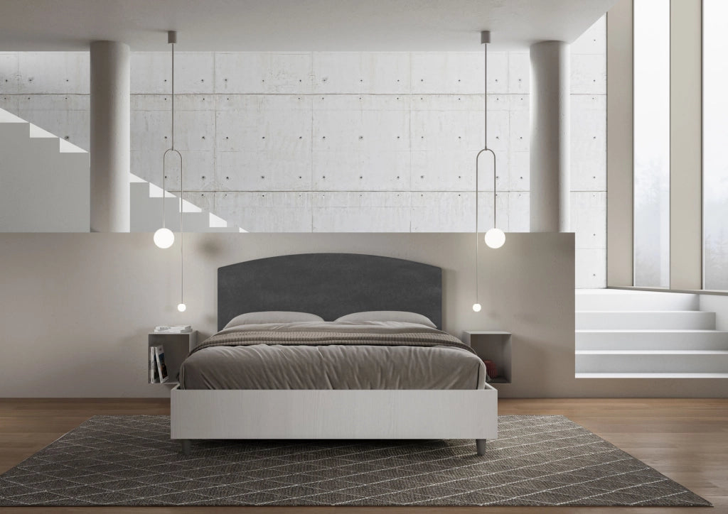 Letto Matrimoniale 160x200 cm con Rete e Contenitore Alzata Comoda Struttura Bianco Frassico e Testata in Microfibra