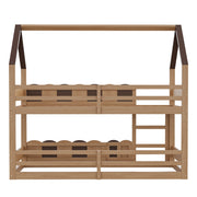 Letto a soppalco 90×200 cm; casa con scala; sponde di sicurezza; senza materasso; in legno; naturale