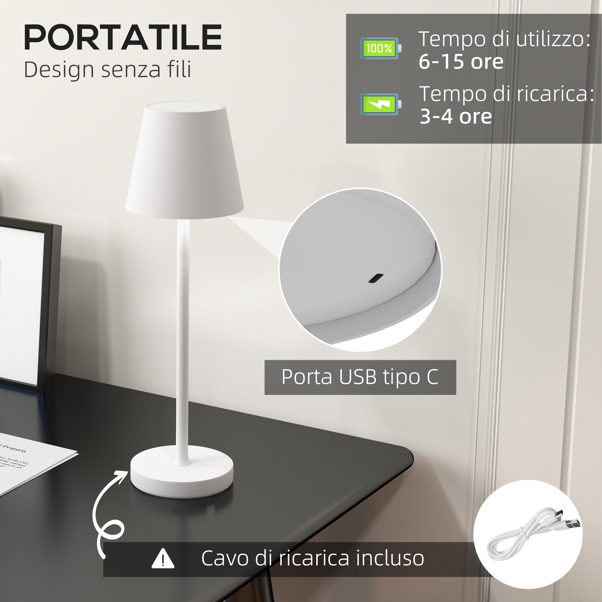 Lampada da Tavolo Portatile Ø11,2x36,5 cm in Acrilico e Metallo Bianco