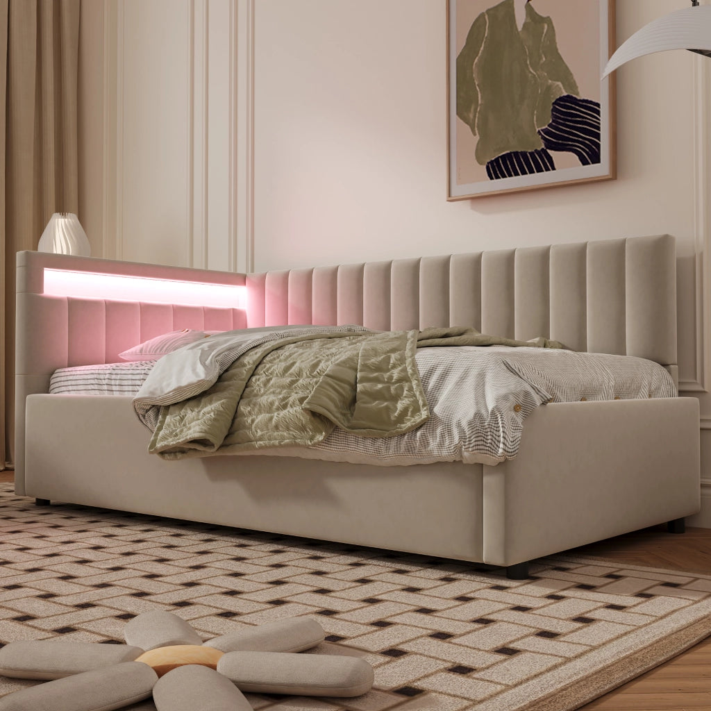 DESMIU Letto Contenitore 90 × 200 cm 1 posto con LED, vano idraulico, senza materasso, in velluto, beige