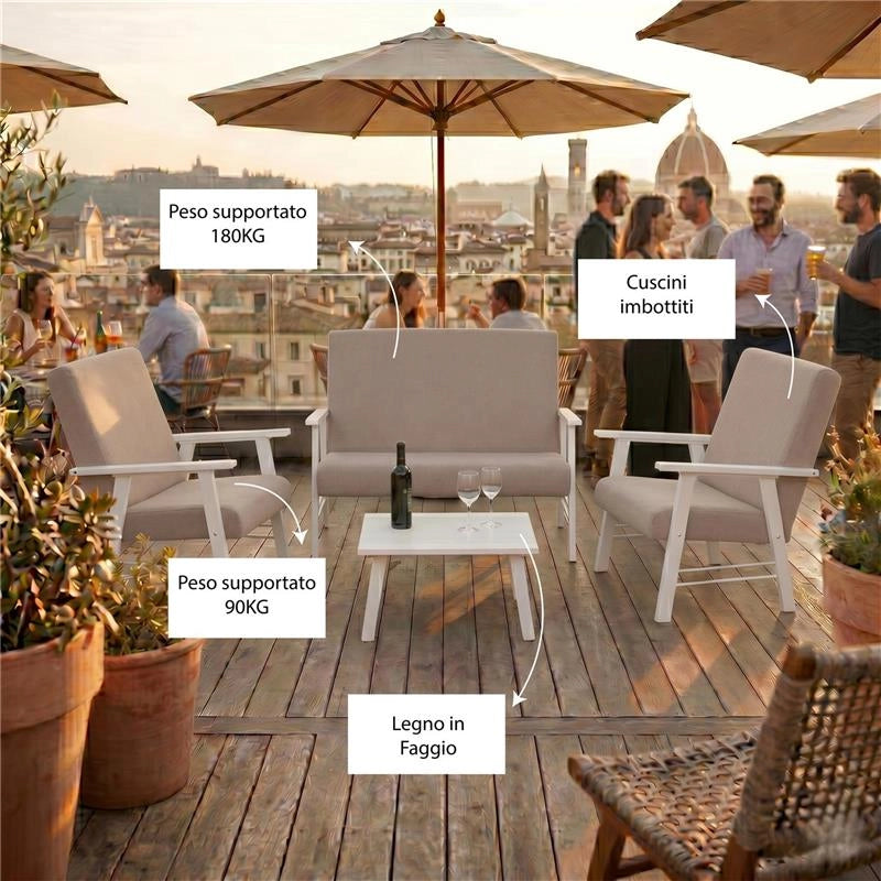 SET SALOTTO DA GIARDINO CON DIVANO, 2 POLTRONE + TAVOLINO IN LEGNO BIANCO E TESSUTO COLORE BEIGE