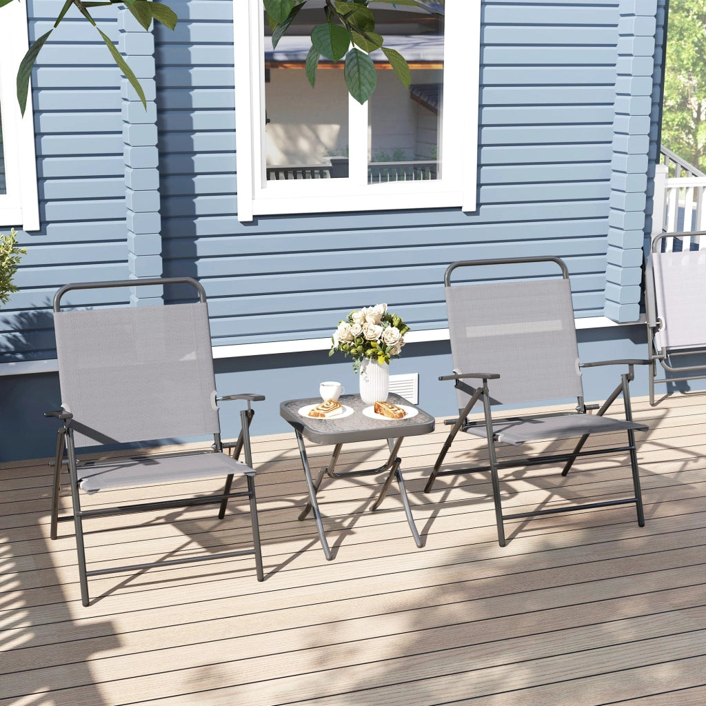 Set da Giardino 3 Pezzi Tavolo con Piano in Vetro e 2 Sedie Pieghevoli Grigio