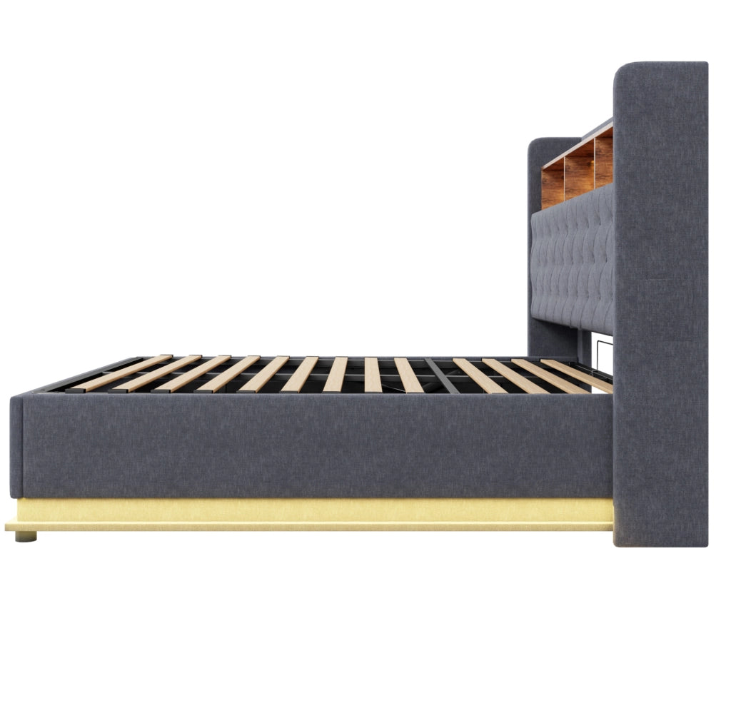 Letto imbottito 180x200 cm con LED multicolore, USB e contenitore grigio
