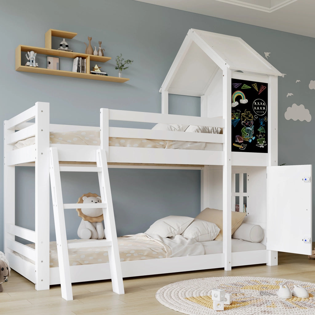 Letto a castello con porta e lavagna in legno massiccio e MDF 90x200 cm