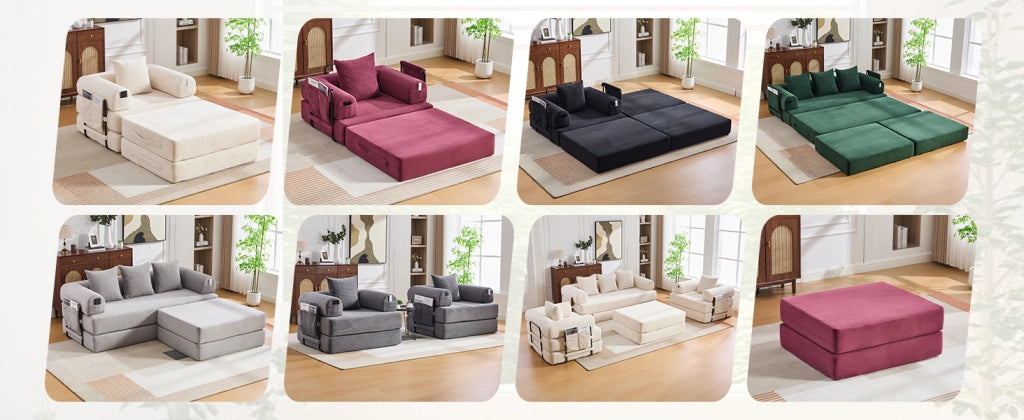 Divano modulare in tessuto corduroy beige con pouf, struttura in metallo, tasca laterale e 3 cuscini