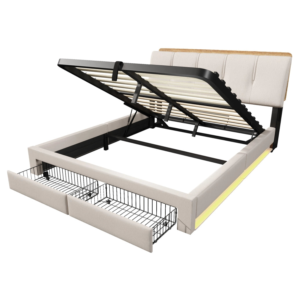 Letto imbottito 140x200 cm con contenitore, LED, USB e USB-C in lino beige HAVRYA