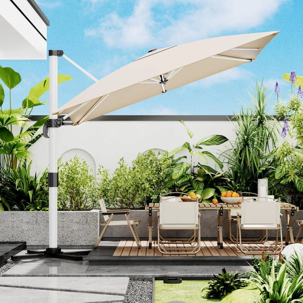 Ombrellone da balcone, in alluminio, con copertura, impermeabile, con manovella, protezione solare UV50+, rotazione di 360°, Baldacchino a strato singolo beige, 3 * 3M