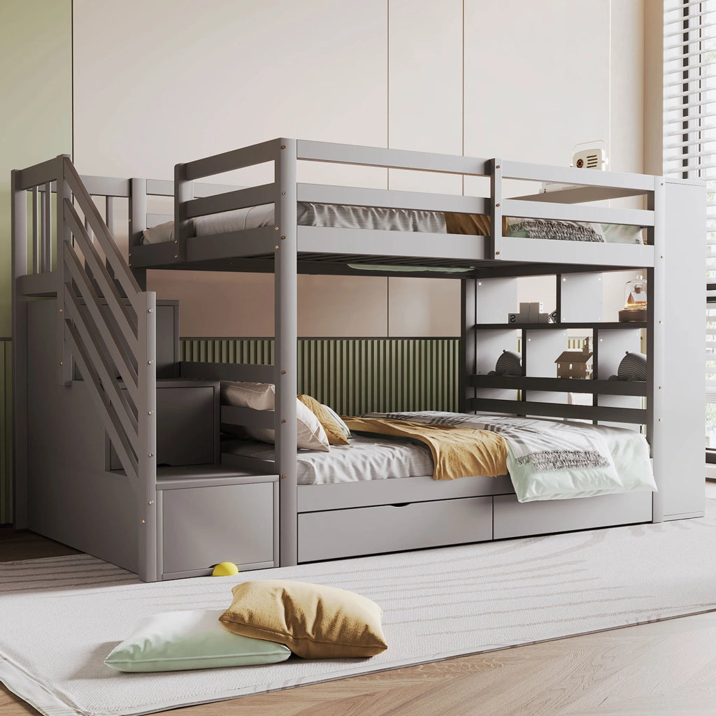 LETTO A CASTELLO 90x200 cm in Legno Grigio con Scala Contenitore e Cassetti