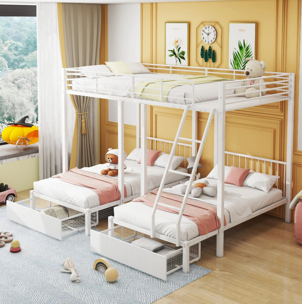 Letto a castello triplo in metallo bianco con cassetti 140x200 cm