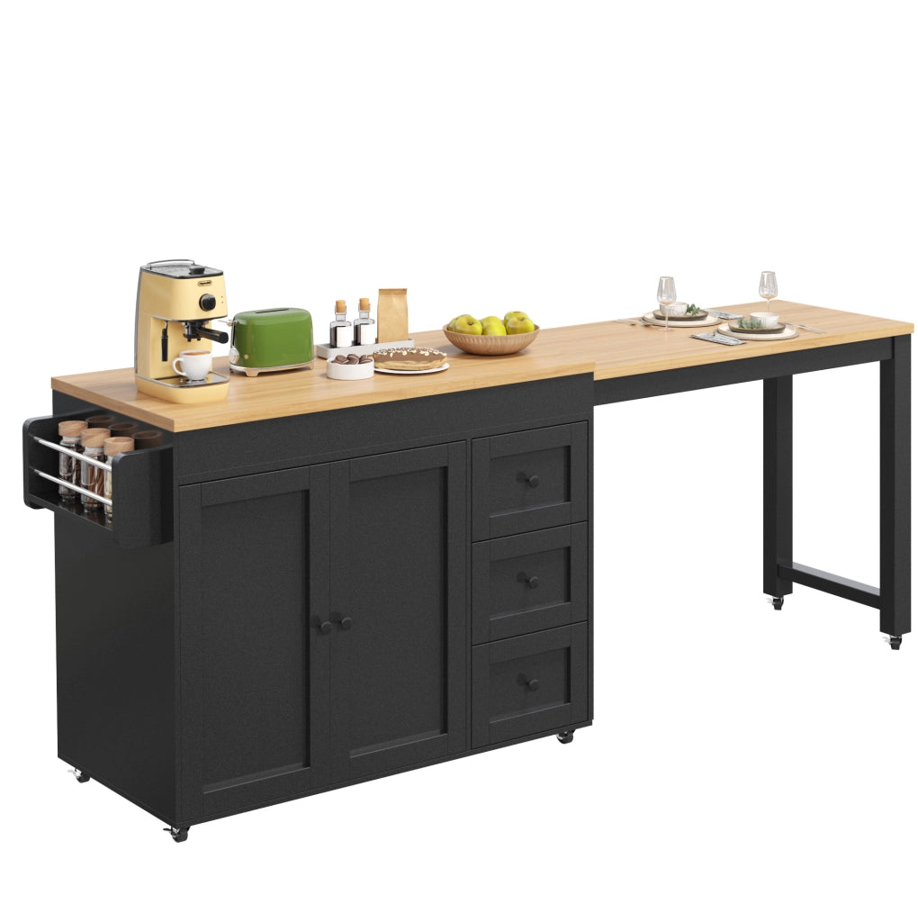 Isola da cucina mobile estensibile nera con 3 cassetti