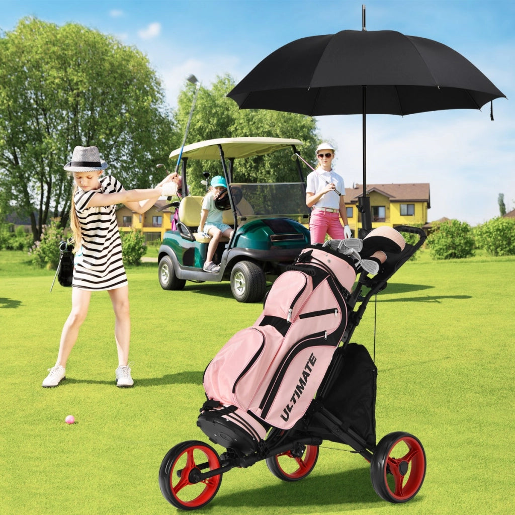 Carrello da golf a spinta con 3 ruote, Carrello pieghevole con borsa rivestita in alluminio cinghia Rosso-Golf