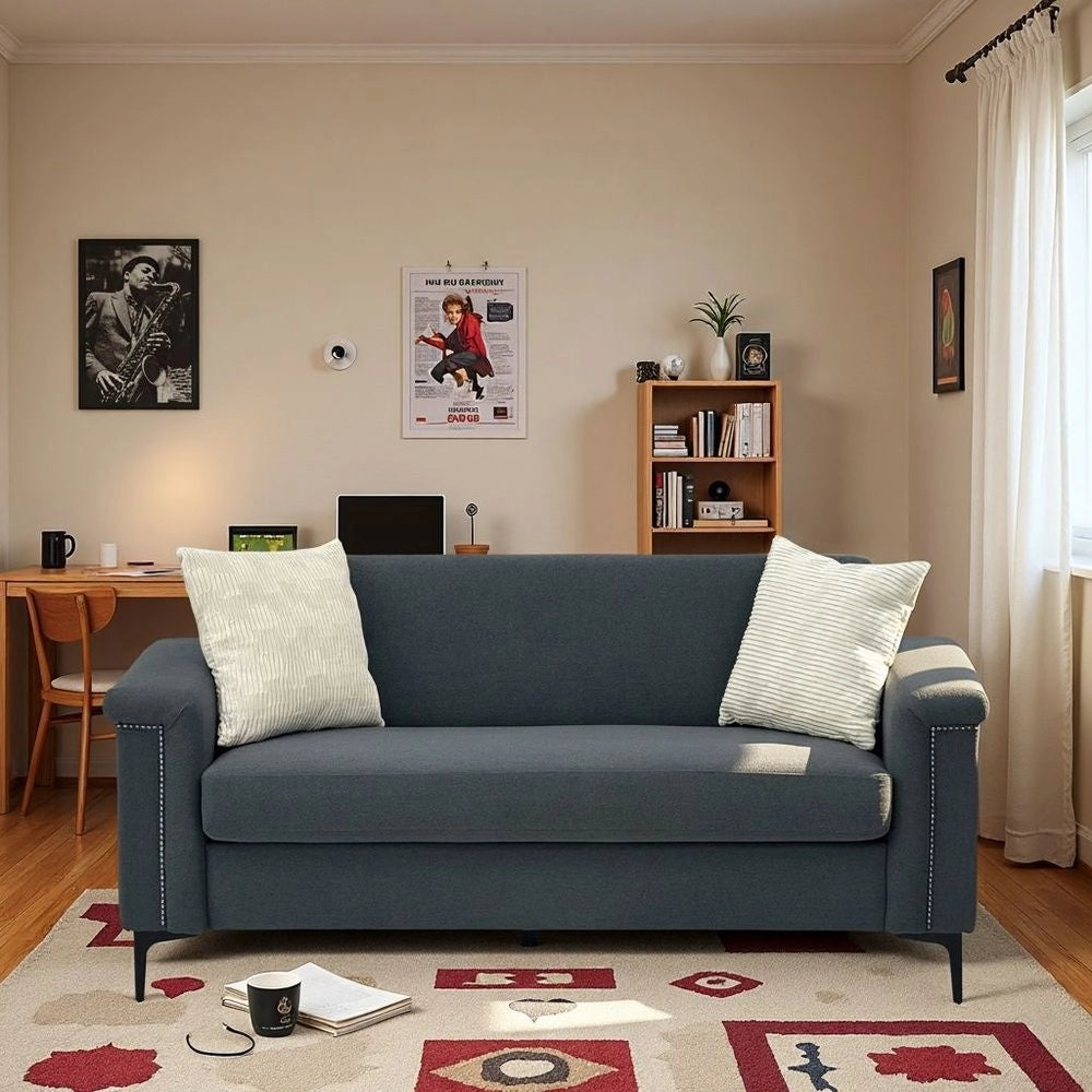 Divano 2 posti minimalista - Xylo - Piedi metallici, tessuto lino, grigio