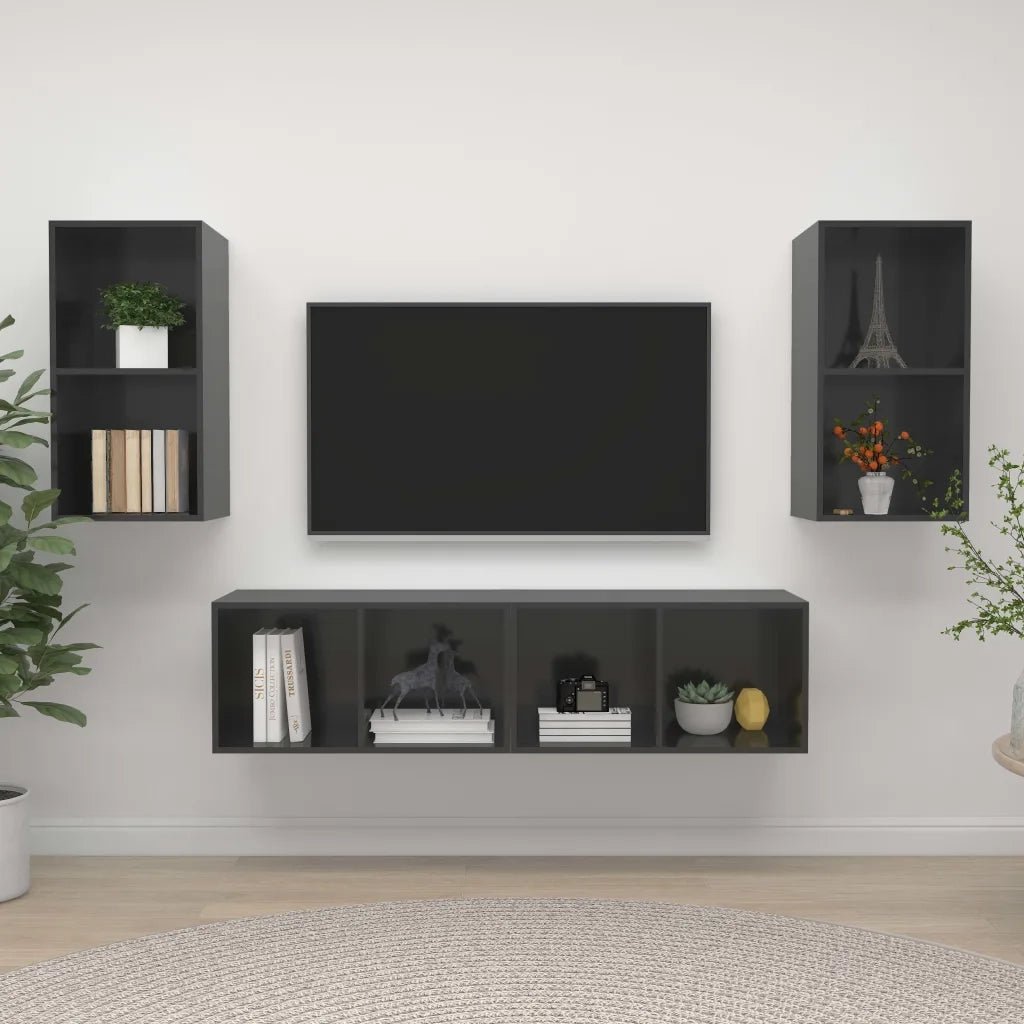 Mobile TV a Parete 4 pz Grigio Lucido in Truciolato 3079879
