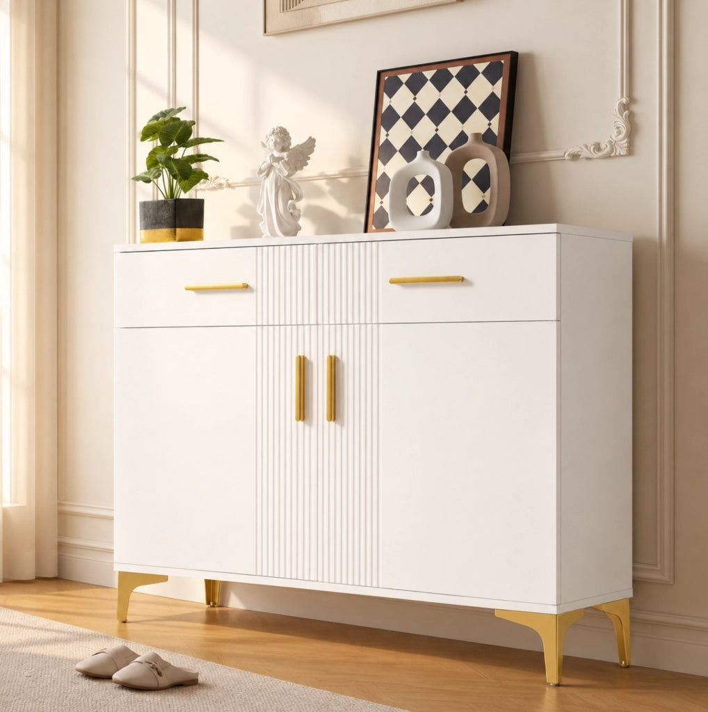Credenza con 2 ante e 2 cassetti 80x35x79;5 cm in MDF bianco con frontali ondulati