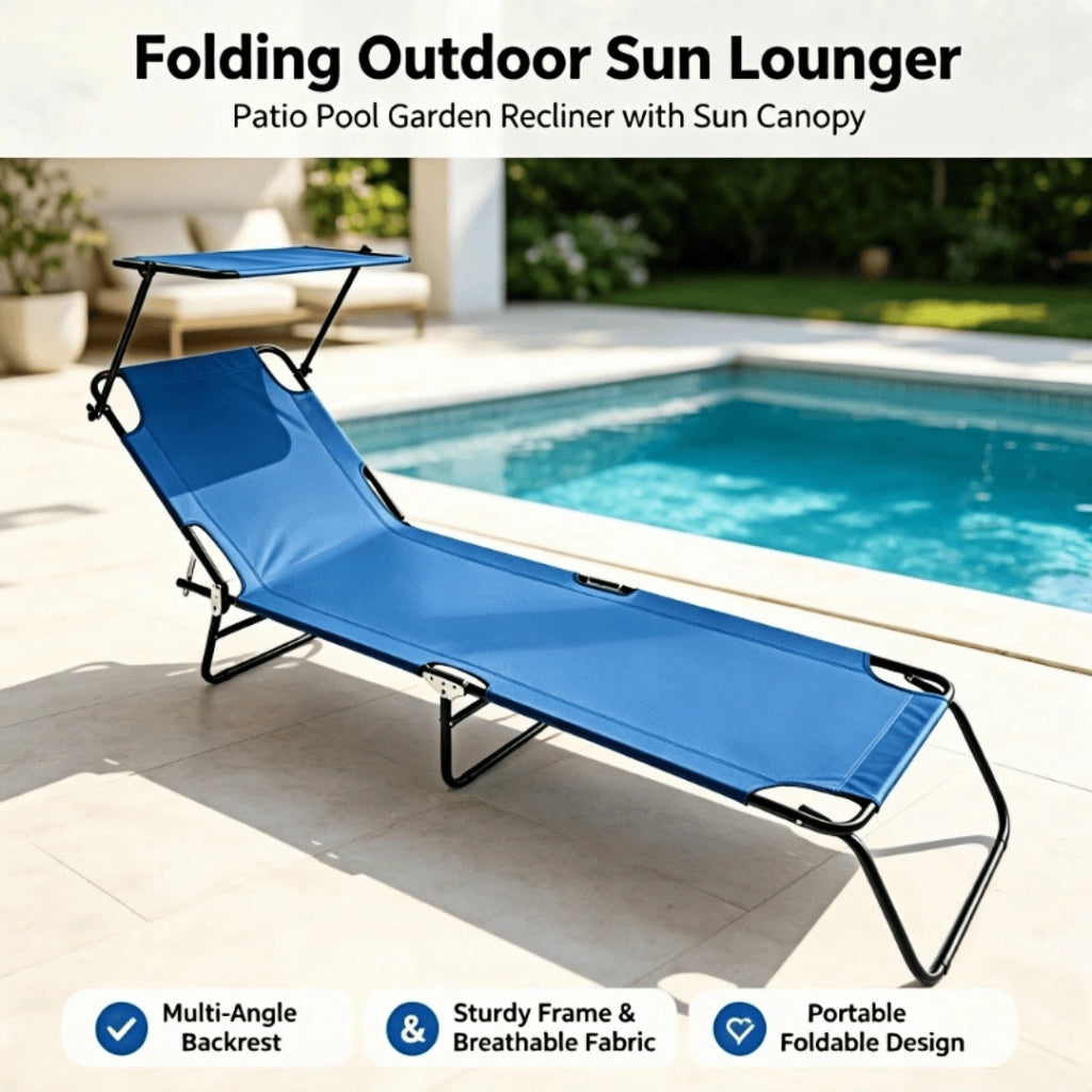 Lettino da Campeggio Pieghevole con Tettuccio Parasole, Brandina Sdraio in Metallo e Poliestere Blu, Regolabile per Giardino e Spiaggia