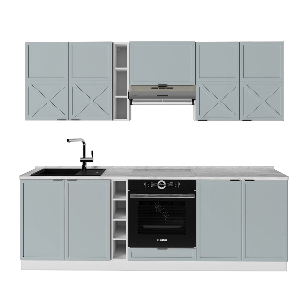 Cucina componibile Fame-Line Blu-grigio chiaro/Bianco 235 cm, PL Marmo Vicco