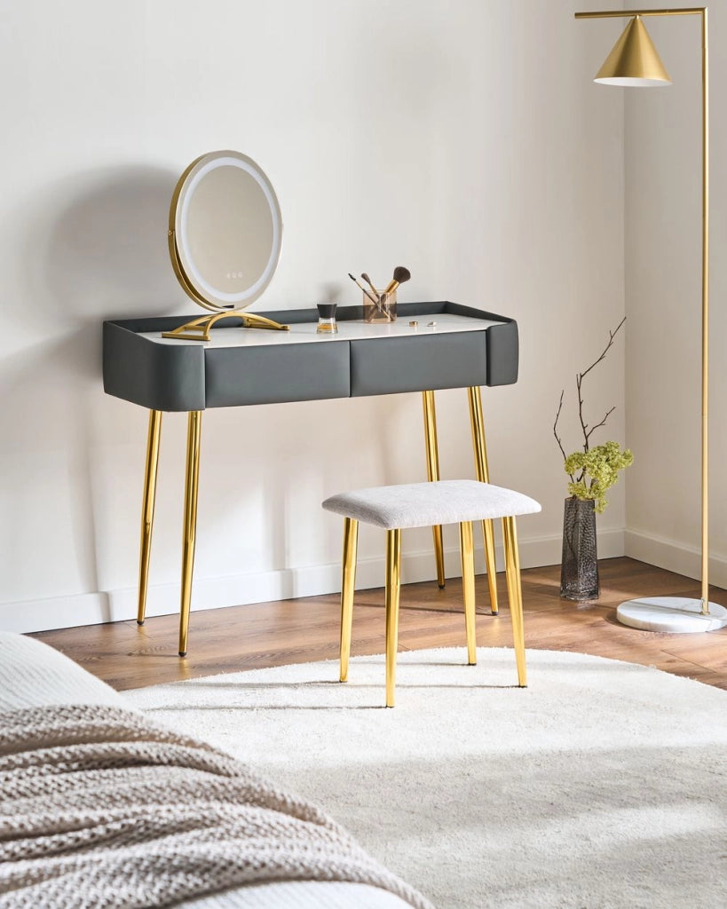 Toeletta con 2 cassetti specchio LED grigio e oro con sgabello camera da letto elegante