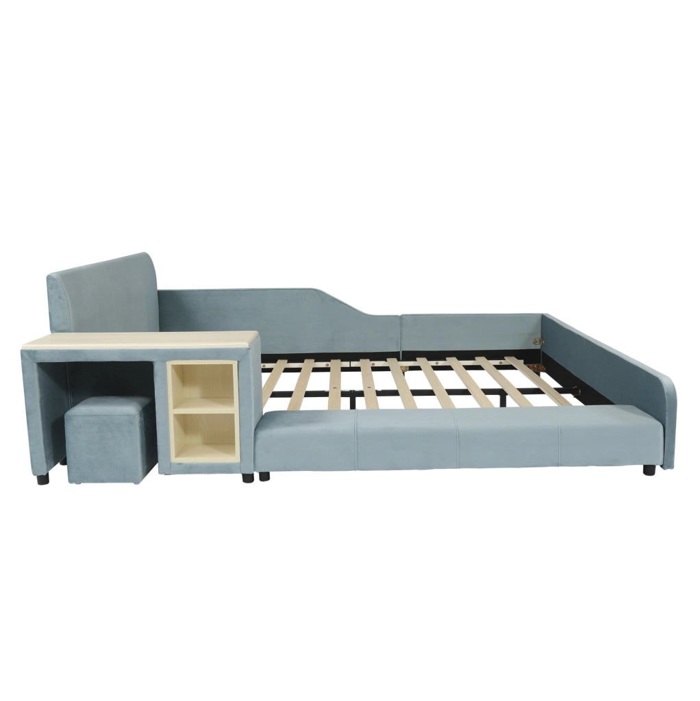 Letto imbottito 140x200 cm con scrivania laterale e sgabello in velluto blu