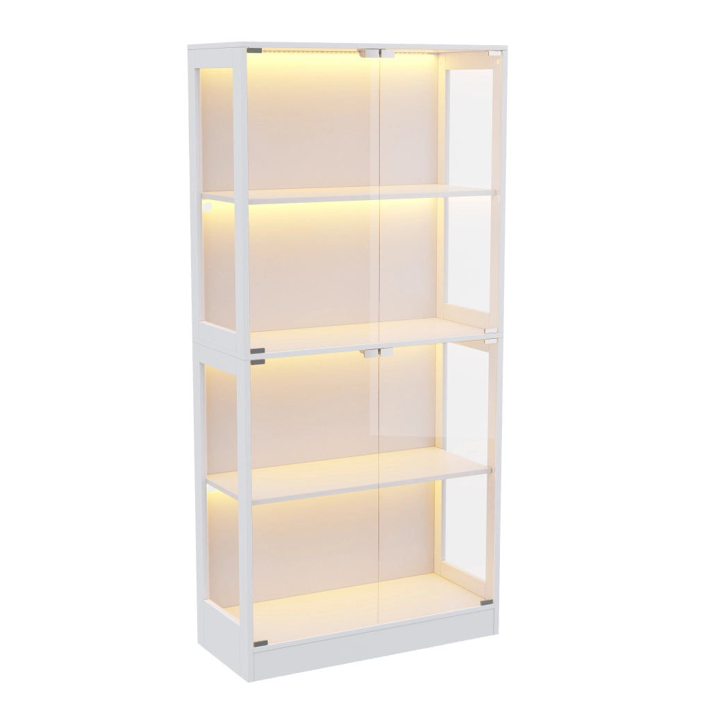 Vetrina LED in MDF e vetro temperato, 80 x 35 x 170 cm, bianca, a 4 livelli con porte push-to-open