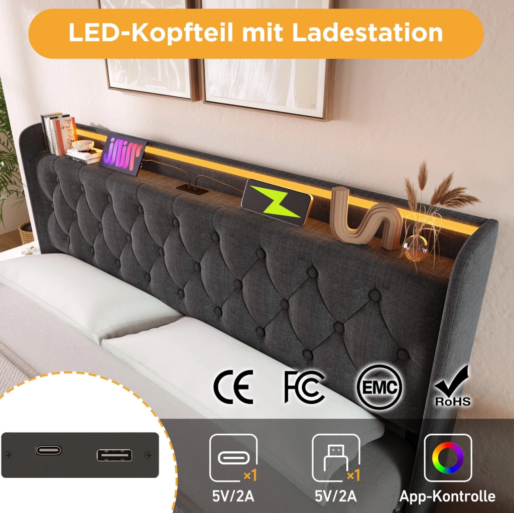 Letto matrimoniale contenitore LED 160x200 cm grigio con USB-C