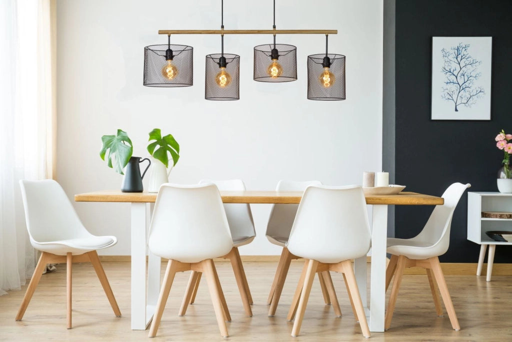 Lucide Baskett lampadario 4 luci E27 nero/legno regolabile
