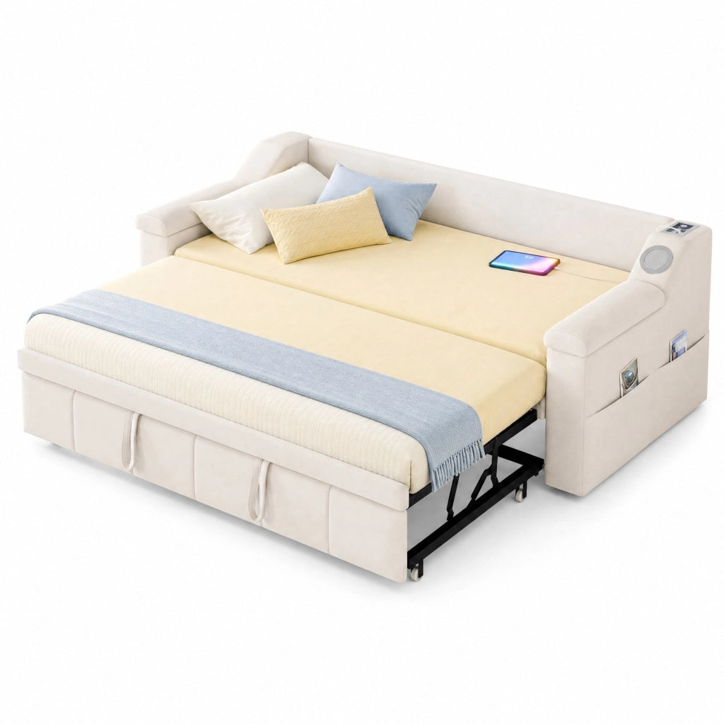 Divano letto matrimoniale estensibile 90/180x190 cm in velluto beige con Bluetooth e USB