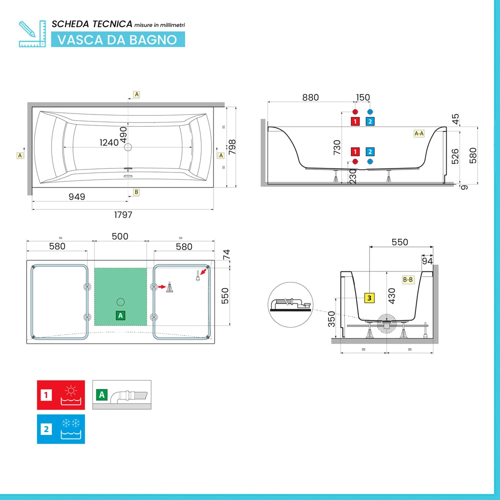 Vasca da bagno a parete 180x80 con pannelli bianco lucido e cuscino antibatterico Ypsilon