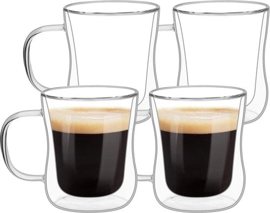 Set di Tazze a Doppia Parete per Caffè - Tazze in Borosilicato Resistenti al Calore - 350ML - Maniglia - Tazze per Tè, Cappuccino e Latte - Set di 6 Tazze per Bevande Calde e Freddi