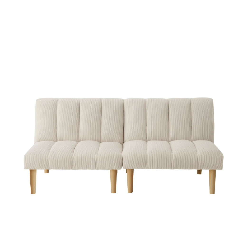 Divano letto 2 posti con schienale reclinabile a 3 posizioni e gambe in legno, in velluto a coste, Beige