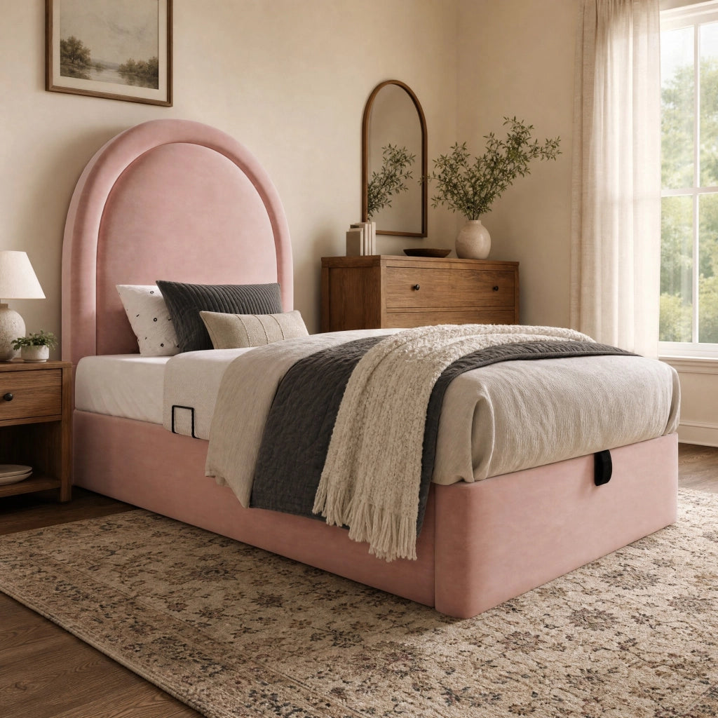 Letto imbottito per bambini 90x190 cm in velluto rosa con contenitore idraulico