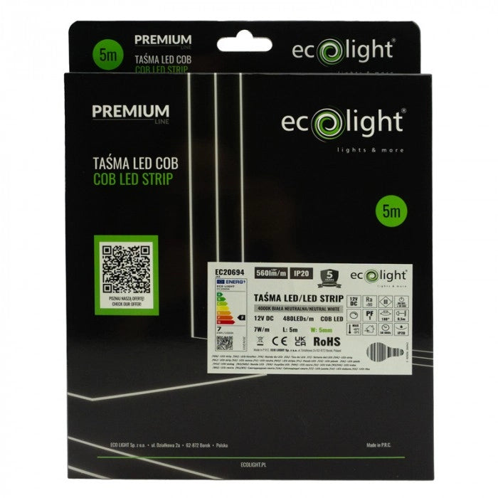 Striscia LED COB 480 7W/m 4000K IP20 12V 5m Ecolight