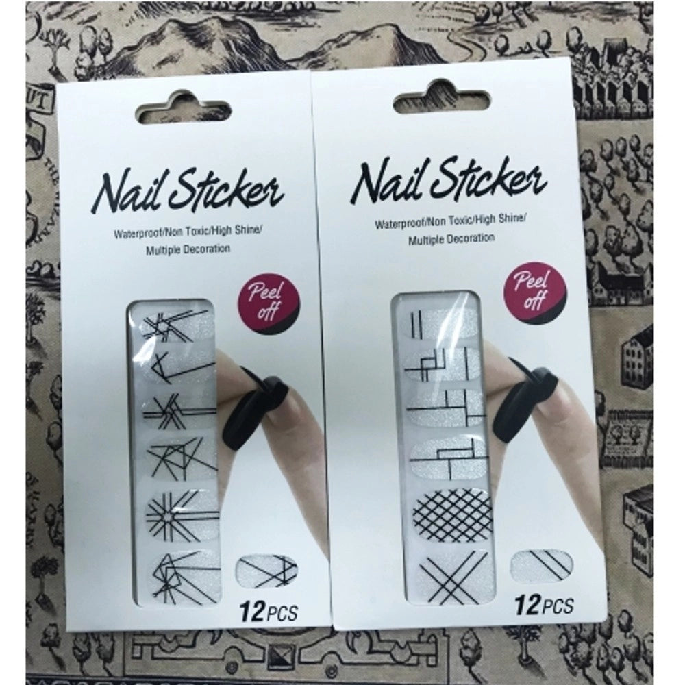 Trade Shop - Nail Art Stickers Geometrico Nero Argento Glitter 12 Decorazioni Adesiva Unghie -