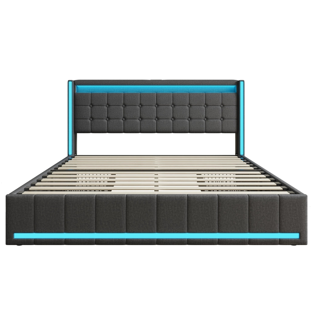Letto 140x200 cm con cassetti; LED e USB; grigio scuro