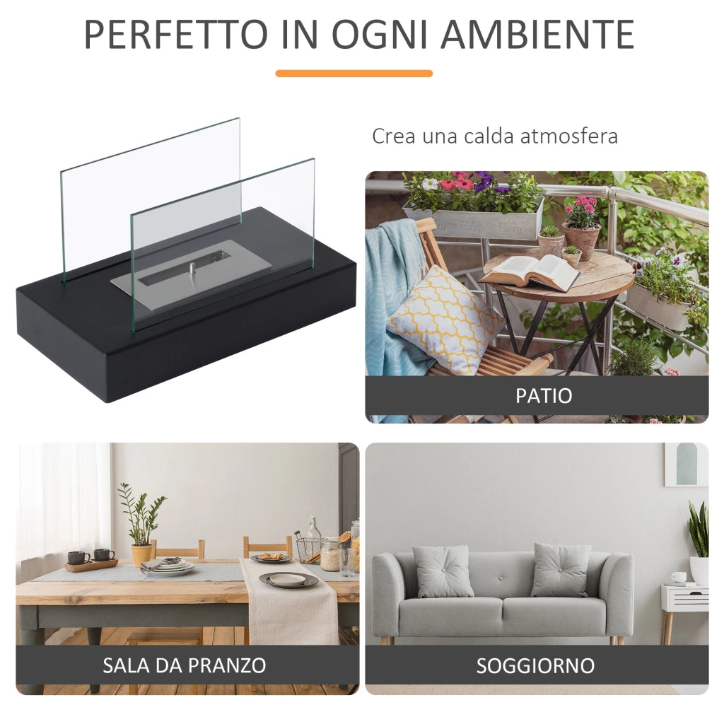 Easycomfort Camino a Bioetanolo da Tavolo 830 W Bruciatori senza Residui Inodore In Acciaio Inox con Vetro 35x18x21 cm Nero