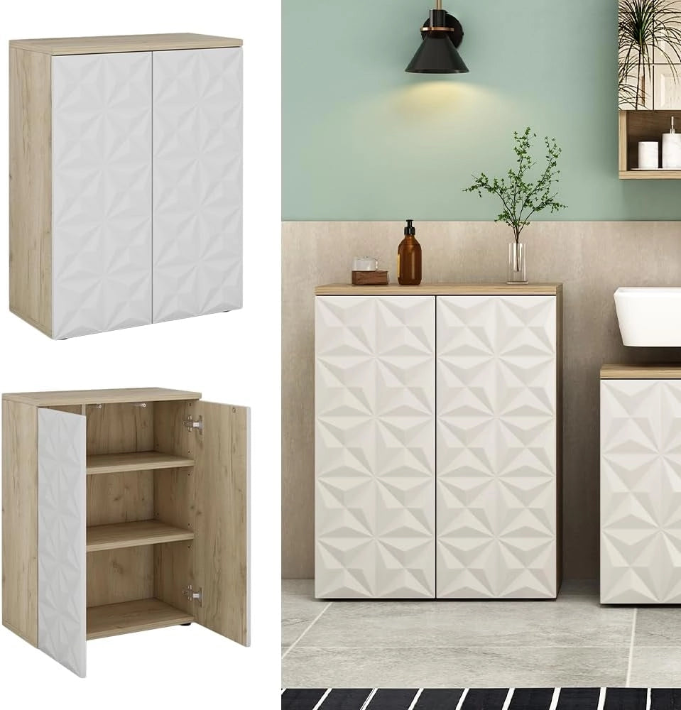 Mobiletto bagno Edge, Bianco, 60 x 79.5 cm con 2 ante e 3 scomparti, per la conservazione in bagno con meccanismo push-to-open