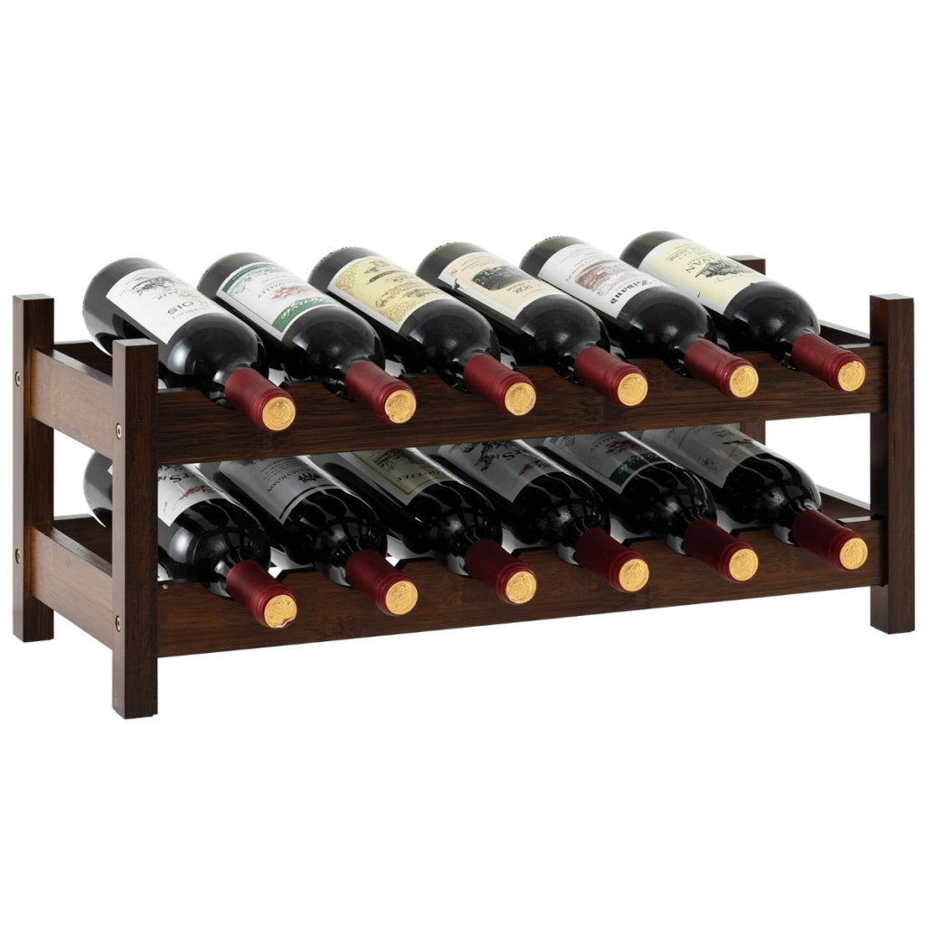 Piccolo scaffale per vino in bamb¨´ a 2 livelli da 12 bottiglie-Porta bottiglie di vino indipendente da appoggio Marrone