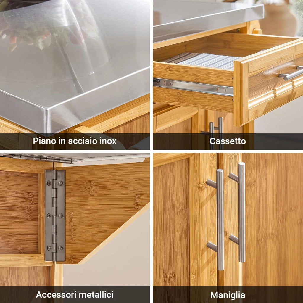 Carrello Cucina con Ruote Isola Cucina con Piano di Lavoro Estensibile, 2 Cassetti e Ripiani Regolabili Mobile Salvaspazio per Mobili da Cucina Naturale 115 x (46-71) x 92 cm FKW69-N