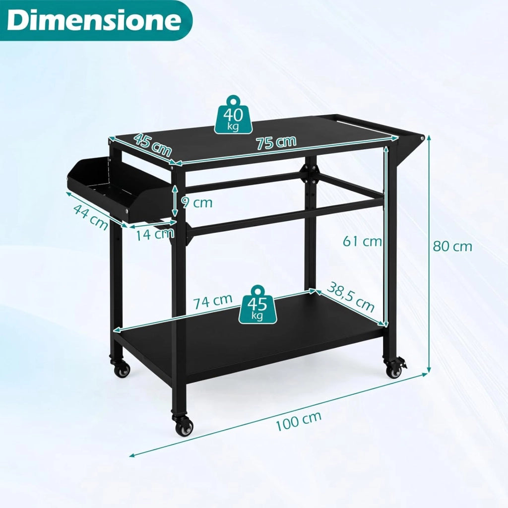 Carrello per Barbecue con 4 Ruote, Carrello Cucina da Esterno per BBQ in Metallo con Portaspezie, Portasciugamani e Ripiano Portaoggetti Inferiore, per Giardino e Terrazza, 100 x 80 x 45 cm