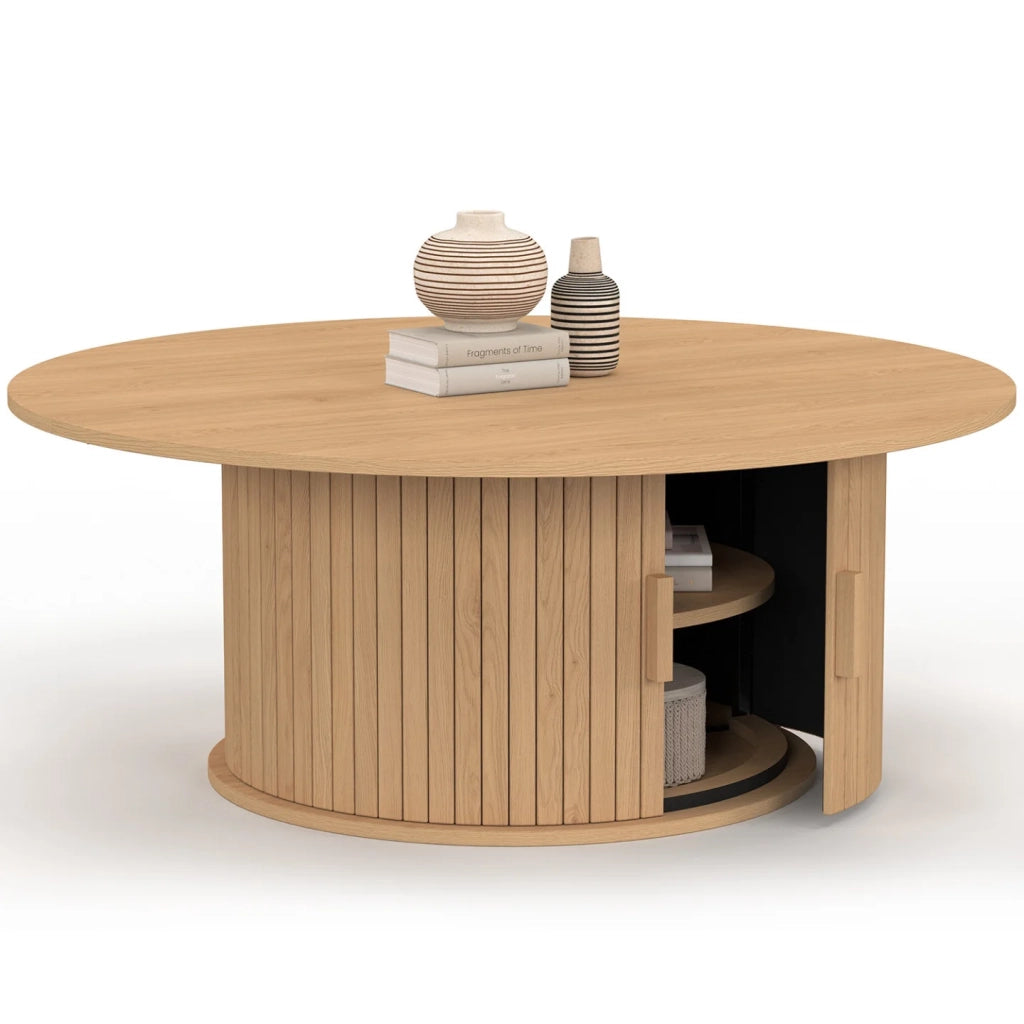 IDMarket - Tavolino rotondo JULIETTE 100 cm con doghe in legno color rovere