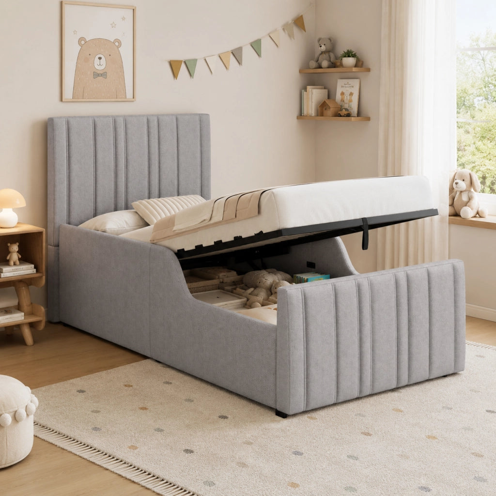 Letto per bambini 90 × 200 cm con contenitore idraulico, testiera imbottita et senza materasso, grigio